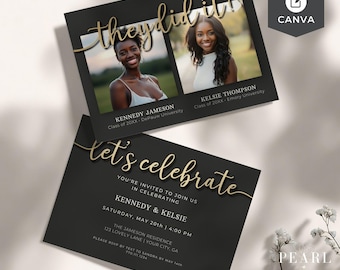 Plantilla de invitación para fiesta de graduación dual editable, gemelos unidos, varios graduados, tarjeta fotográfica personalizada minimalista moderna, escuela secundaria universitaria