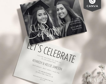 Plantilla de invitación para fiesta de graduación dual editable, gemelos unidos, varios graduados, tarjeta fotográfica personalizada minimalista moderna, escuela secundaria universitaria