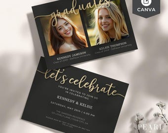 Plantilla de invitación para fiesta de graduación dual editable, gemelos unidos, varios graduados, tarjeta fotográfica personalizada minimalista moderna, escuela secundaria universitaria