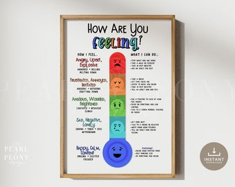 PRINTABLE Feelings Thermometer Poster, Self Regulation Coping, Feelings Chart, Calm Down Corner Print, Zones of Regulation, Therapy Office