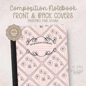 Puede incluir: Un cuaderno de composición con una cubierta rosa que presenta un patrón repetido de diseños florales negros dentro de una cuadrícula de diamantes. La cubierta incluye el texto "Composition Notebook FRONT & BACK COVERS PRINTABLE PNG 300dpi".
