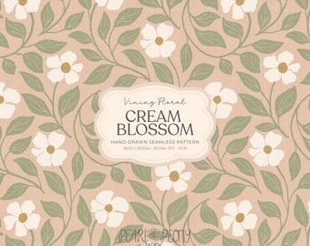 Hand-Drawn Cream Floral Pattern JPG, Sage Green Vines on Soft Peach Linen, Cream Blossom