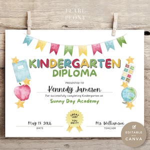 Modèle MODIFIABLE de diplôme d'obtention du diplôme de maternelle, certificat d'obtention du diplôme de maternelle personnalisé imprimable, ressource pour l'enseignant, format lettre US, toile
