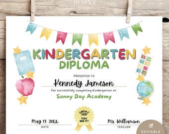 EDITABLE Kindergarten Graduation Diploma Template, Printable Custom Kindergarten Grad Certificate, Teacher Resource, US Letter Size, Canva