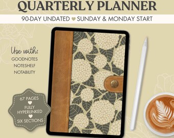 90-Day Digital Planner, Floral Hydrangea, Undated Quarterly Planner, Sunday and Monday Start, PDF for Goodnotes