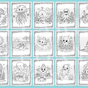 Puede incluir: Una colecci&oacute;n de ilustraciones en blanco y negro que representan diversas criaturas marinas y escenas de playa. Cada imagen, enmarcada con un borde decorativo, incluye una tortuga, medusa, ballena, pulpo, cangrejo, caballito de mar, pez y m&aacute;s.