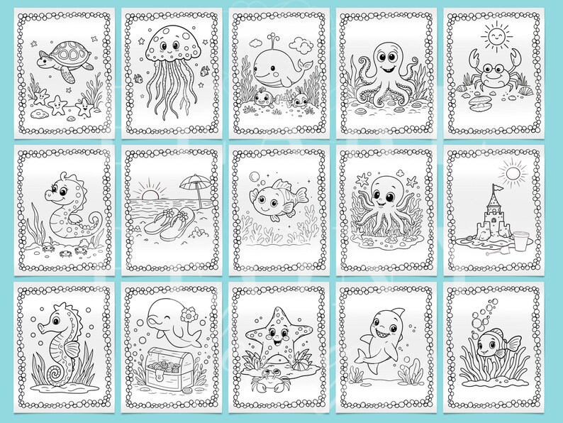 Puede incluir: Una colecci&oacute;n de ilustraciones en blanco y negro que representan diversas criaturas marinas y escenas de playa. Cada imagen, enmarcada con un borde decorativo, incluye una tortuga, medusa, ballena, pulpo, cangrejo, caballito de mar, pez y m&aacute;s.