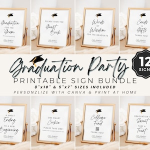 May include: A collection of graduation party signs in gold frames. The signs feature phrases like "Graduation for the Gram," "Please Sign the Guest Book," and "Cards & Gifts." The bundle includes 12 printable signs in 8"x10" and 5"x7" sizes.