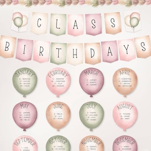 Cartel de cumpleaños imprimible para el aula, pancarta de globos bohemios de acuarela, imprimible para profesores, tamaño carta (EE. UU.) y PDF A4, Canva