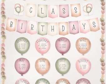 PRINTABLE Classroom Birthday Bulletin Board Display, Watercolor Boho Balloons Banner, Editable Teacher Printable, US Letter & A4 PDF, Canva