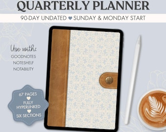 90-Day Digital Planner, Vintage Blue Tiles Undated Quarterly Planner, Sunday and Monday Start, Hyperlinked PDF for Goodnotes
