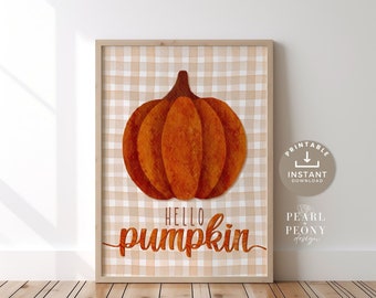 Arte de pared de calabaza IMPRIMIBLE, estampado de hola calabaza, decoración de pared de calabaza a cuadros, arte de pared de otoño, decoración de granja de otoño, decoración de Acción de Gracias