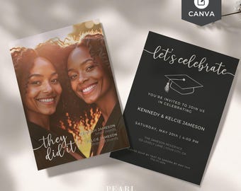 Plantilla de invitación para fiesta de graduación dual editable, gemelos unidos, varios graduados, tarjeta fotográfica personalizada minimalista moderna, escuela secundaria universitaria