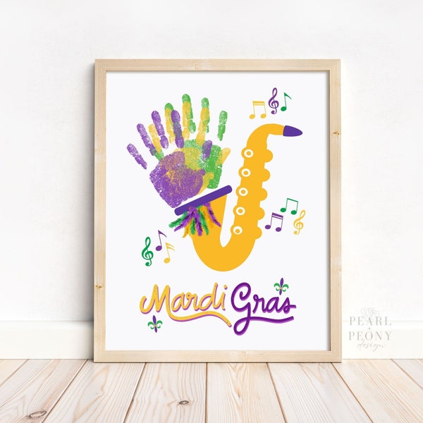 PRINTABLE Mardi Gras Handprint Art Craft for Kids, Mardi Gras Sax Keepsake Art, Toddler Preschool Kindergarten Activity, Gift from Kids PDF