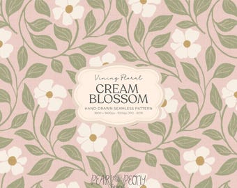 Hand-Drawn Cream Floral Pattern JPG, Sage Green Vines on Soft Blush Pink Linen, Cream Blossom