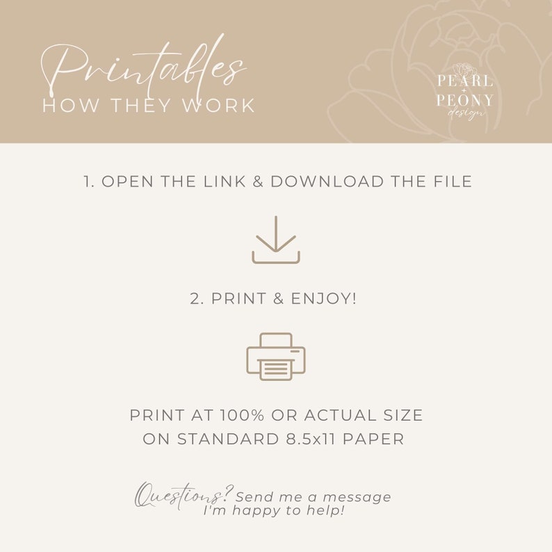 Pode incluir: Um gr&aacute;fico bege e branco com o texto "Printables" e "How They Work". O gr&aacute;fico tamb&eacute;m inclui instru&ccedil;&otilde;es sobre como baixar e imprimir os imprim&iacute;veis. As instru&ccedil;&otilde;es dizem para abrir o link e baixar o arquivo, imprimir em 100% ou no tamanho real em papel A4 padr&atilde;o, e aproveitar!
