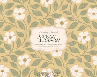 Hand-Drawn Cream Floral Pattern JPG, Sage Green Vines on Soft Golden Yellow Linen, Cream Blossom