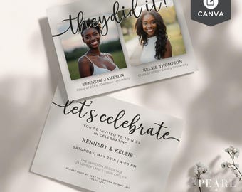 Plantilla de invitación para fiesta de graduación dual editable, gemelos unidos, varios graduados, tarjeta fotográfica personalizada minimalista moderna, escuela secundaria universitaria