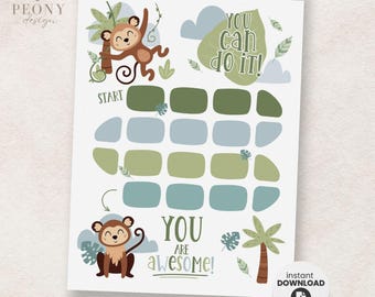 Tableau des récompenses de singe mignon imprimable, tableau de tâches ménagères pour enfants, tableau d'autocollants de routine, suivi du comportement, suivi des habitudes au coucher, PDF format lettre US et A4