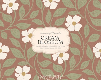 Hand-Drawn Cream Floral Pattern JPG, Sage Green Vines on Warm Terracotta Brick Linen, Cream Blossom