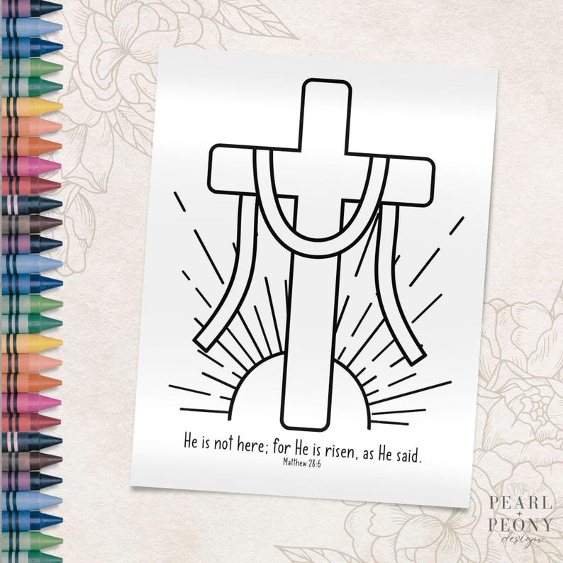 PRINTABLE Christian Easter Coloring Page, Cross He is Risen Coloring ...