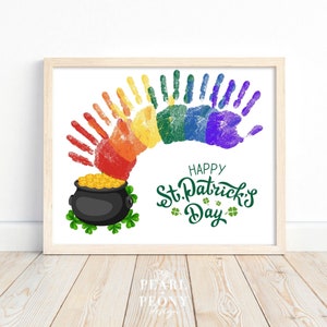 PRINTABLE St. Patrick&#39;s Day Handprint Art Craft for Kids, Keepsake Art, Toddler Preschool Kindergarten Homeschool Activity, Rainbow Pot Gold
