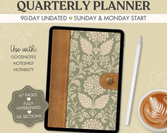 90-Day Digital Planner, Floral Olive Green Hydrangea, Undated Quarterly Planner, Sunday and Monday Start, PDF for Goodnotes