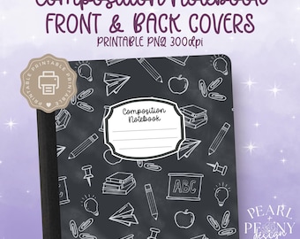 PRINTABLE Composition Notebook Cover PNG, DIY Back to School Journal Cover Sticker, Chalkboard Doodles, Custom Original Hand Drawn Art
