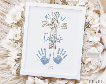 PRINTABLE Baby Boy My First Easter Handprint Art Craft, Blue & Brown Cross Infant Footprint Keepsake Art, DIY Daycare Activity 2026, PDF