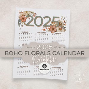 Calendário floral aquarela boho 2025 PARA IMPRIMIR, presente para escritório em casa, retrato, resumo do ano, início no domingo ou na segunda-feira, tamanho carta dos EUA e PDF A4