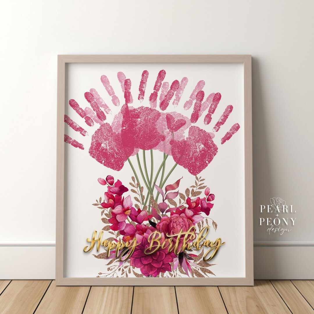 Physkoa Handprint Art Kit For Mom & Grandma - Floral Keepsake Craft With Wood Frame