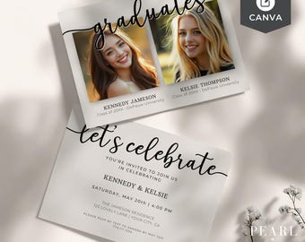Plantilla de invitación para fiesta de graduación dual editable, gemelos unidos, varios graduados, tarjeta fotográfica personalizada minimalista moderna, escuela secundaria universitaria