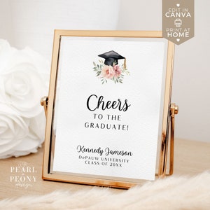 Graduation Drinks Table Sign, Printable Cheers to the Graduate Table Sign, Custom Peach Floral Graduation, Editable, Canva