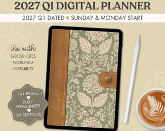 2027 Q1 Digital Planner, Hydrangea Block Print Floral, Dated Quarterly, Sunday and Monday Start, PDF for Goodnotes