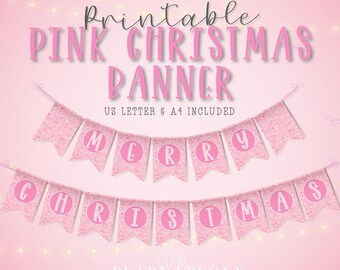 Merry Christmas Banner Garland PRINTABLE, Banner for Fireplace Mantle, Christmas Bunting, Cute Pink Christmas Decor DIY Holiday Decor