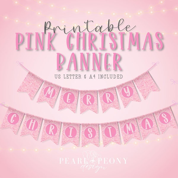 Merry Christmas Banner Garland PRINTABLE, Banner for Fireplace Mantle, Christmas Bunting, Cute Pink Christmas Decor DIY Holiday Decor