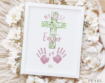 PRINTABLE Baby Girl My First Easter Handprint Art Craft, Pink & Green Cross Infant Footprint Keepsake Art, DIY Daycare Activity 2026, PDF