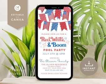 Plantilla de invitación para fiesta en la piscina del 4 de julio / Evite del 4 de julio / Correo electrónico de texto de invitación digital del 4 de julio / Invitación del Día de la Independencia / Canva