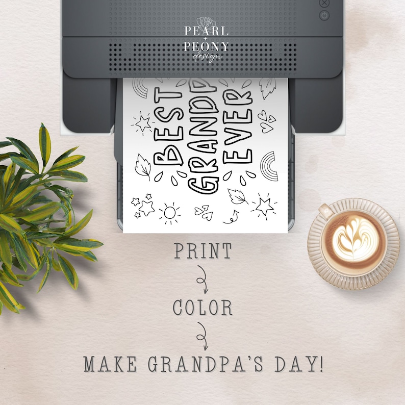 May include: A printable colouring page featuring the text "Best Grandpa Ever" surrounded by stars, hearts, leaves, and a rainbow. The text "Print, Colour, Make Grandpa's Day!" is below the colouring page.