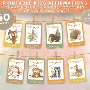 DRUCKBARE Affirmationskarten für Kinder, Selbstvertrauen, Ich bin Affirmationen, Wachstumsmentalität, Positivitätskarten für Kinder, Vorschuljungen & Mädchen