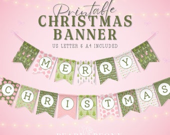 Merry Christmas Banner Garland PRINTABLE, Banner for Fireplace Mantle, Christmas Bunting, Cute Pink Christmas Decor DIY Holiday Decor