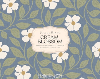 Hand-Drawn Cream Floral Pattern JPG, Sage Green Vines on Dusty Blue Linen, Cream Blossom