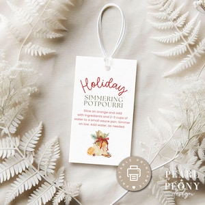 Puede incluir: Etiqueta de regalo imprimible con una ilustración de acuarela de un saco de arpillera lleno de naranjas, palitos de canela y clavos. La etiqueta tiene el texto "Holiday Simmering Potpourri" e instrucciones para hacer un popurrí humeante.