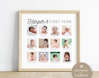 編集可能な赤ちゃんの1歳の写真コラージュテンプレート、1歳の誕生日の節目の写真、両親や祖父母への印刷可能な記念品ギフト、Canva