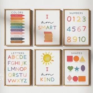 PRINTABLE Set of 6 Preschool Classroom Posters, Homeschool Printables,  Educational Wall Art Bundle, Kids Playroom Affirmations, Download