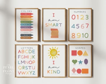 PRINTABLE Set of 6 Preschool Classroom Posters, Homeschool Printables,  Educational Wall Art Bundle, Kids Playroom Affirmations, Download
