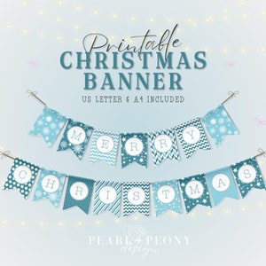 May include: Printable Christmas banner with blue and white patterned flags that spell out "Merry Christmas". The banner is designed for US Letter and A4 paper sizes.