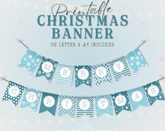 Merry Christmas Banner Garland PRINTABLE, Banner for Fireplace Mantle, Christmas Bunting, Turquoise Blue Christmas Decor DIY Holiday Decor