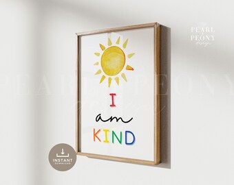 PRINTABLE I Am Kind Kids Affirmation Poster, Homeschool Printable, Classroom Decor, Educational Wall Art, Positive Playroom Posters