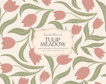 Hand-Drawn Rose Pink Tulip Tossed Pattern JPG, Sage Green Leaves on Soft Cream Linen, Tulip Meadow